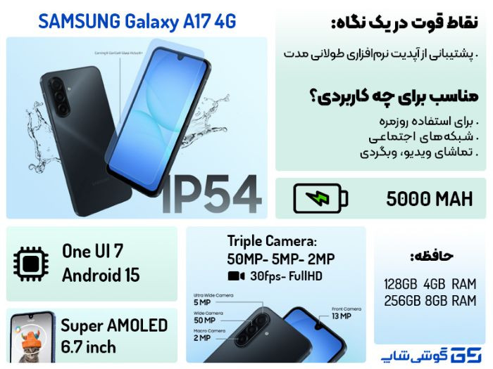 موبایل سامسونگ A17حافظه 256 گیگابایت و رم8 گیگابایت مشکی