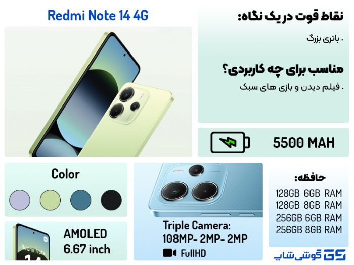موبایل شیائومی Rdmi14 حافظه 256 گیگابایت و رم8 گیگابایت ابی