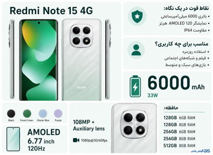 موبایل شیائومی Rdmi15 حافظه 256 گیگابایت و رم8 گیگابایت سبز